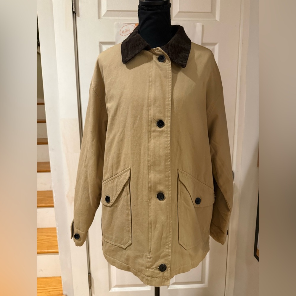 NWT Ci Sono Tan Oversized Canvas Barn Jacket Corduroy Collar Button Down Sz Sml
